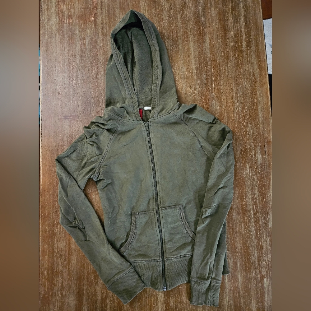 H&M Casual Olive Green Hoodie With Zipper, Plain Sweatshirt